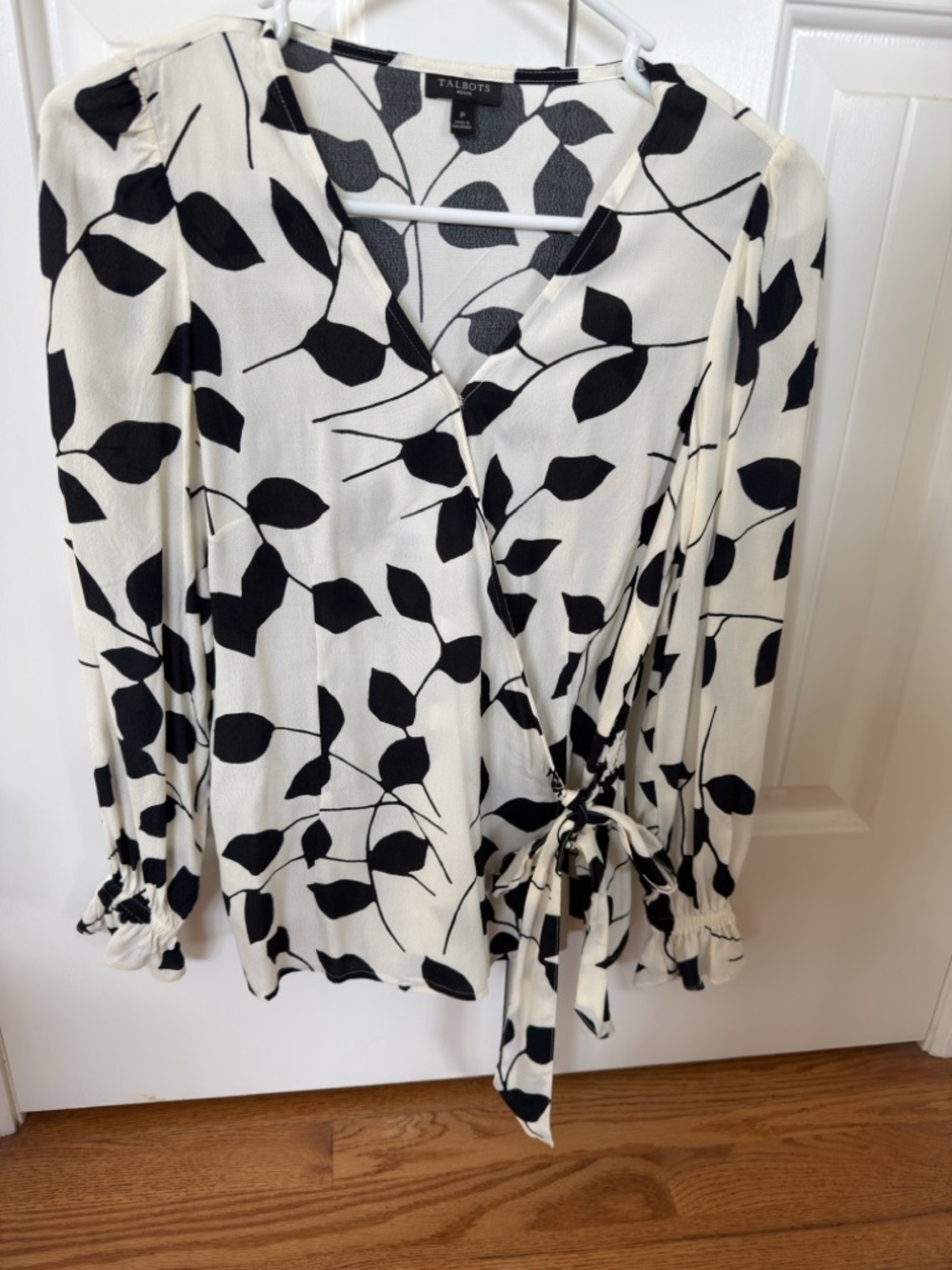 Talbots Black and White Leaf-Print Wrap Blouse